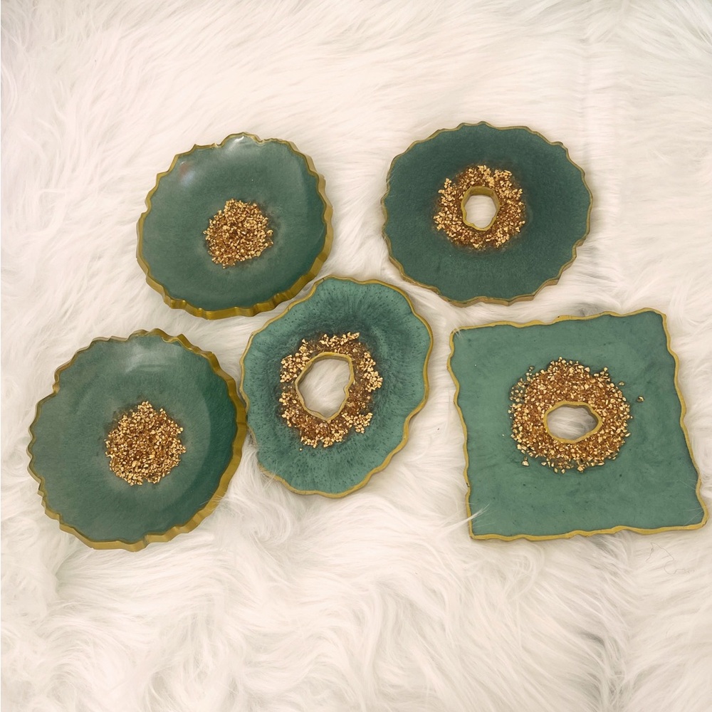 Elegant Resin Green and Gold Coaster Set